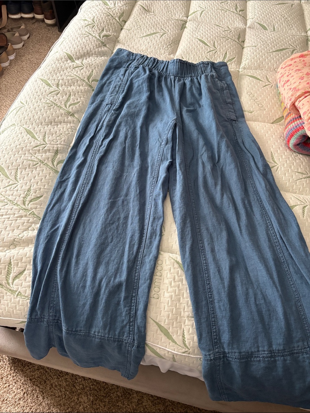 Free People Wide Leg Linen-Blend Pants in Denim Blue